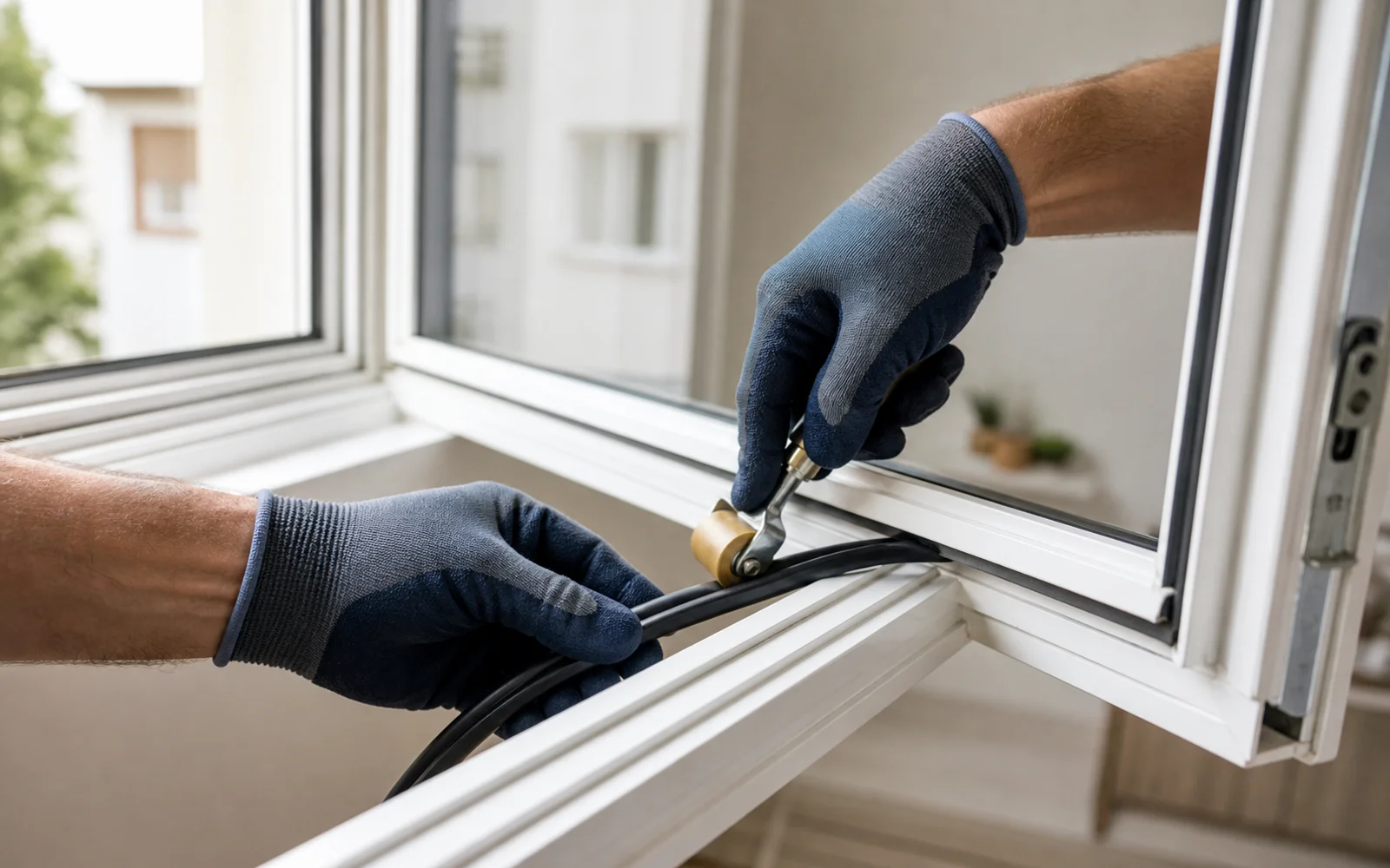 Techniker setzt ein schwarzes Dichtungsprofil in die Nut eines weißen Fensterrahmens